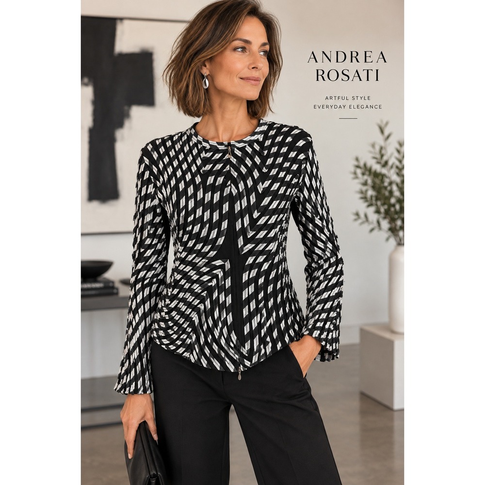 Andrea Rosati Black White Geometric Zip Front Jacket Mesh Textured Size 8